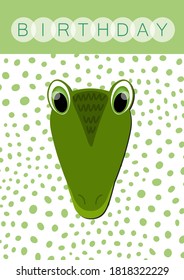 Happy birthday, holiday, baby shower celebration greeting and invitation card. Layout template in A4 size. Colorful cute vector crocodile face on dotted background. Cartoon flat illustration.