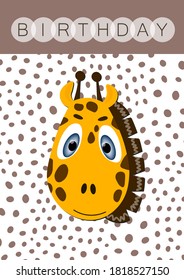 Happy birthday, holiday, baby shower celebration greeting and invitation card. Layout template in A4 size. Colorful cute vector giraffe face on dotted background. Cartoon flat illustration.