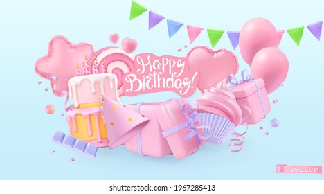 Happy birthday holiday background. 3d vector realistic objects. Toy balloons, heart, star symbols, cupcake, cake, gift box