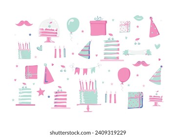 Happy birthday holiday background. Toy balloons, heart, star symbols, cupcake, cake, gift box, flags