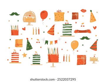 Happy birthday holiday background. Toy balloons, heart, star symbols, cupcake, cake, gift box, flags