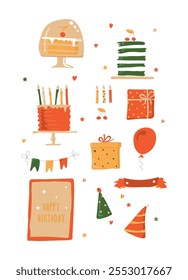 Happy birthday holiday background. Toy balloons, heart, star symbols, cupcake, cake, gift box, flags