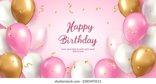 Happy Birthday holiday banner design with pink and white balloons and falling confetti on a rose colored background. Designed for birthday parties, women's day and mother's day feasts.