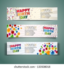 Happy Birthday Holiday banners with colorful balloons and stars - Vector illustration