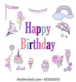 Happy birthday holiday card with colorful balloons, rainbow, ice-cream, cloud and fireworks