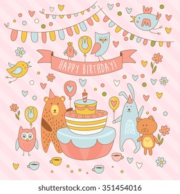 Happy birthday holiday card with cute animals, bear, rabbit, owl and the Pussycat. Having fun around the birthday cake vector illustration