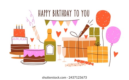 Happy Birthday, holiday card design. Bday celebration decorations, anniversary cake, champagne, gift boxes, festive presents, surprises, balloons. Flat vector illustration isolated on white background