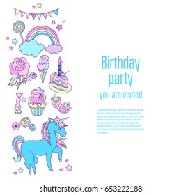 Happy birthday holiday card with stars, sweets, flags, rainbow, ice-cream, unicorn, cloud and fireworks