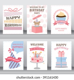 happy birthday, holiday, christmas greeting and invitation card.  there are typography, gift boxes, confetti, cake and teddy bear. layout template in A4 size. vector illustration