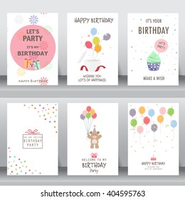 happy birthday, holiday, christmas greeting and invitation card.  there are typography, gift boxes, confetti, cake and teddy bear. layout template in A4 size. vector illustration