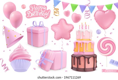 Happy birthday holiday decorations set. 3d vector realistic objects. Toy balloons, heart, star symbols, cupcake, cake, gift box
