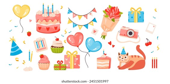 Happy birthday holiday decorations set. cakes, candles, baked goods on a white background. Perfect for cake decorating supplies and adding sweetness to your birthday parties