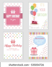 happy birthday, holiday, greeting and invitation card. there are typography, gift boxes, confetti, cake and teddy bear. layout template in A4 size.