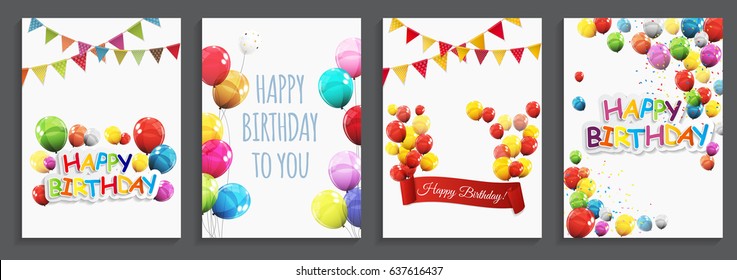 Happy Birthday, Holiday  Greeting and Invitation Card Template Set with Balloons and Flags. Vector Illustration EPS10