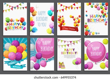 Happy Birthday, Holiday  Greeting and Invitation Card Template Set with Balloons and Flags. Vector Illustration EPS10