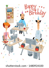 Happy Birthday. Holiday at the office. Cheerful colleagues work and congratulate. Vector full color graphics with cute characters