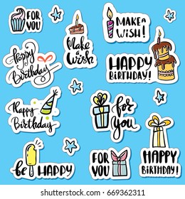 Happy birthday holiday paper stickers set cartoon collection