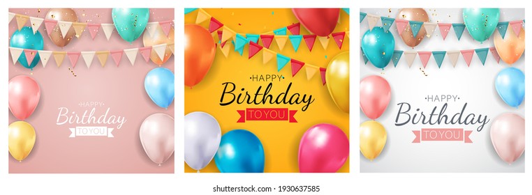 Happy Birthday Holiday Party Background Set with Flags and Balloons. Vector Illustration