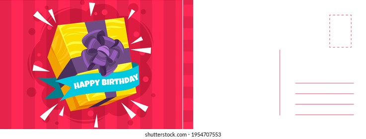 Happy Birthday. Holiday postcard and bright wrapped gift box with ribbon, letter template congratulate text and red background, design invitation and greeting vector cartoon illustration