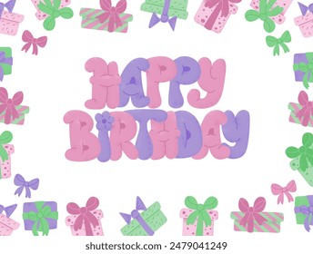 Happy Birthday holiday poster or greeting card with colored frame in candy pastel colors with birthday gifts and handwritten text. Vector holiday composition isolated on white background