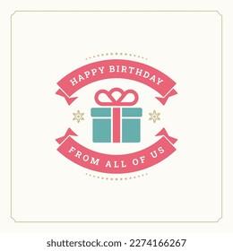 Happy birthday holiday present vintage ribbon greeting card typographic template vector flat illustration. Anniversary birth festive celebration pink old fashioned ribbon creative stars decor element