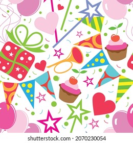 Happy Birthday! Happy holidays. Seamless festive pattern with festive attributes. Vector image. 