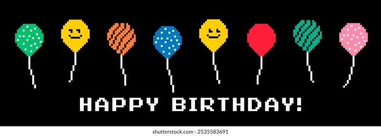 Happy Birthday horizontal background. Cute ballon pattern. Bright. Event decoration. Pixel art. Party, carnival celebration design. Vector illustration. Y2k vintage pixel icons. Game abstract element