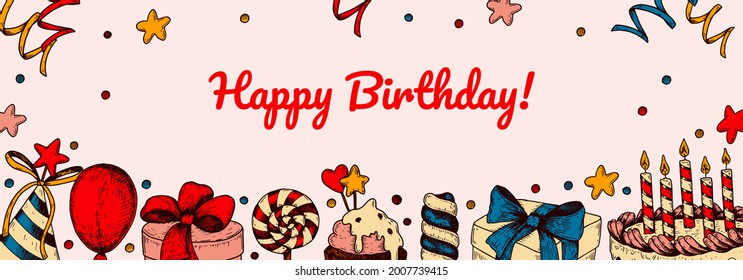 Happy Birthday horizontal background. Hand drawn vector illustration