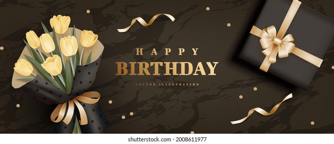 Happy birthday horizontal banner with bouquet of tulips and gift box on black background. 3d realistic style. Vector illustration