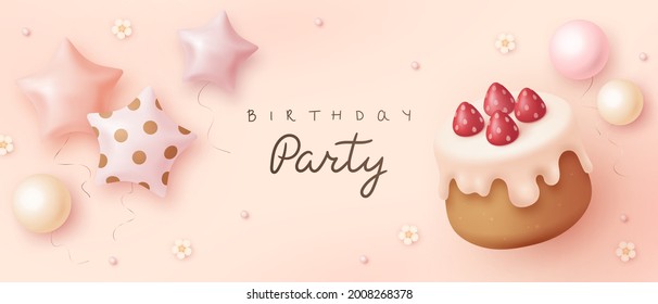 Happy birthday horizontal banner with cartoon helium balloons, birthday cake and flowers. 3d realistic style. Vector illustration