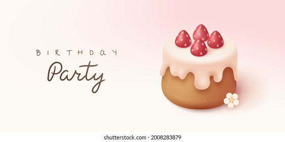 Happy birthday horizontal banner with cartoon birthday cake. 3d realistic style. Vector illustration