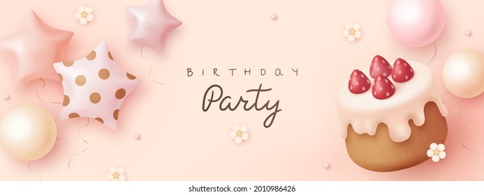 Happy birthday horizontal banner with cartoon helium balloons, birthday cake and flowers. 3d realistic style. Vector illustration