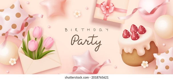 Happy birthday horizontal banner with cartoon helium balloons, birthday cake, envelope, gift box and flowers. 3d realistic style. Vector illustration