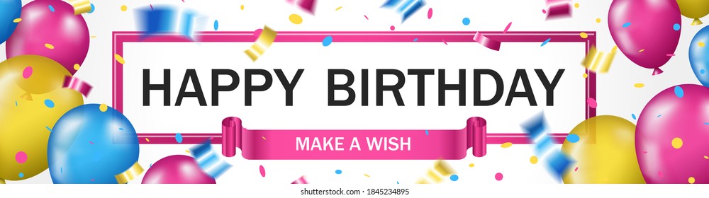 Happy birthday horizontal banner with colorful confetti and balloons
