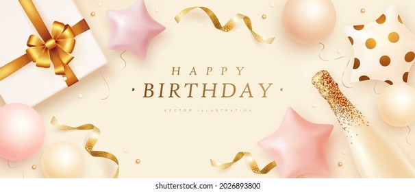 Happy birthday horizontal banner with realistic bottle of champagne, helium balloons and gift box. 3d realistic style. Vector illustration