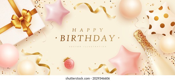 Happy birthday horizontal banner with realistic bottle of champagne, helium balloons, strawberry and gift box. 3d realistic style. Vector illustration