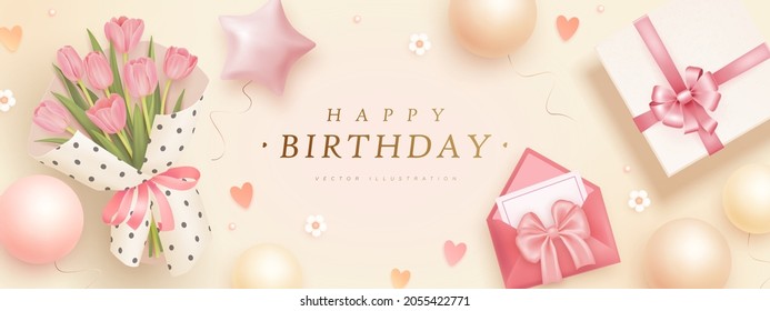 Happy birthday horizontal banner with realistic bouquet of tulips, envelope and gift box. 3d realistic style. Vector illustration