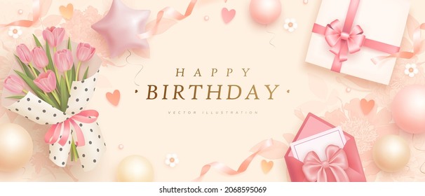 Happy birthday horizontal banner with realistic bouquet of tulips, envelope and gift box. 3d realistic style. Vector illustration