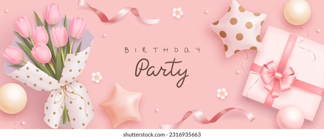 Happy birthday horizontal banner with realistic bouquet of tulips, gift box and helium balloons. 3d realistic style. Vector illustration