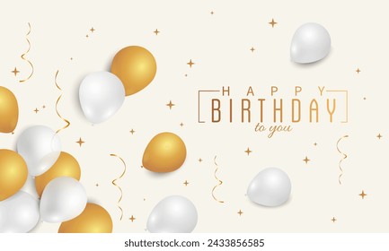 Tarjeta de felicitación horizontal de feliz cumpleaños con globos blancos y dorados