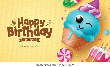 Happy birthday ice cream character vector background design. Birthday greeting text with ice cream character winking for invitation card background. Vector illustration birthday card design. 
