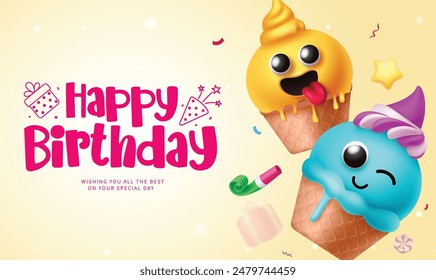 Happy birthday ice cream characters vector template. Birthday greeting text with cute ice cream face characters in cheese and blueberry flavors for kids invitation card design. Vector illustration 