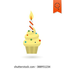 Happy Birthday Icon. Cupcake with candle. Simple, Minimalistic and Flat Style. Colorful. Vector