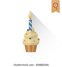 Happy Birthday Icon. Cupcake with candle. Simple, Minimalistic and Flat Style. Retro Color. Long Shadow. Vector