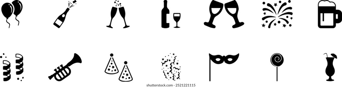 Happy birthday icon and party line icons set, perfect for birthday invitations, celebration graphics, and event planning