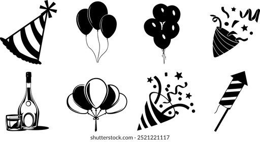 Happy birthday icon and party line icons set, perfect for birthday invitations, celebration graphics, and event planning