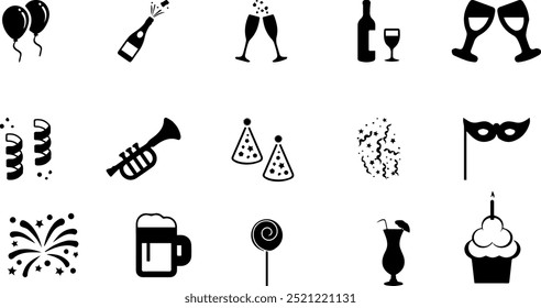 Happy birthday icon and party line icons set, perfect for birthday invitations, celebration graphics, and event planning