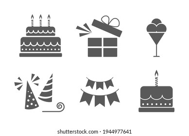 Happy birthday icon set. Cake gift box and birthday hat.