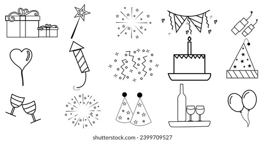 Happy birthday icon set. Celebration concept in modern style. Holiday symbol with white background.