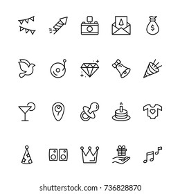 Happy birthday icon set. Collection of high quality outline birthday pictograms in modern flat style. Black holiday symbol for web design and mobile app on white background. Celebration line logo.